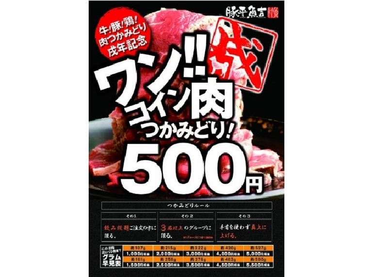 肉を掴み取り！？「豚平魚吉 上野店」にてワンコインで肉を楽しめるイベント開催