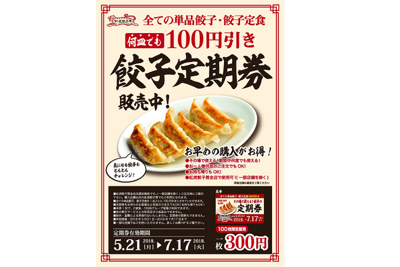 全ての餃子が100円引きになる『餃子定期券』が紅虎餃子房で期間限定販売！！