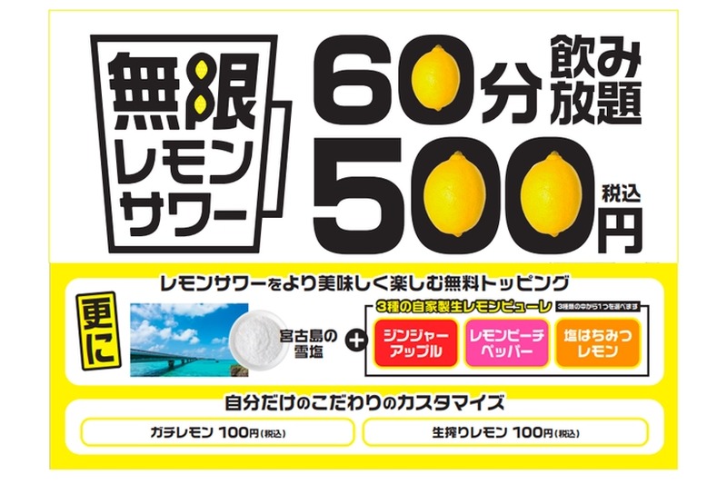 注ぎ放題・飲み放題の「無限∞レモンサワー」が「やきとり家すみれ」で開催！