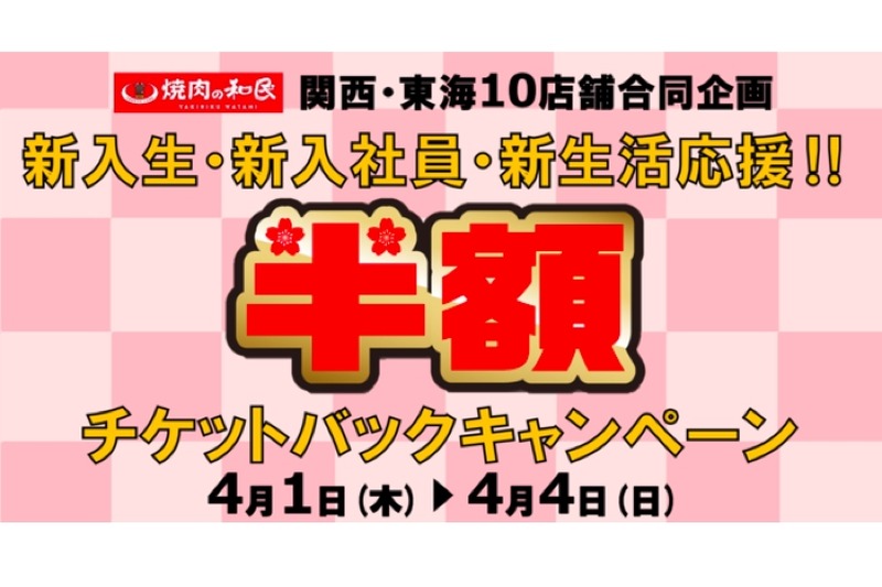 焼肉の和民にて「新入生・新入社員・新生活応援します！半額チケットバックキャンペーン」開催中