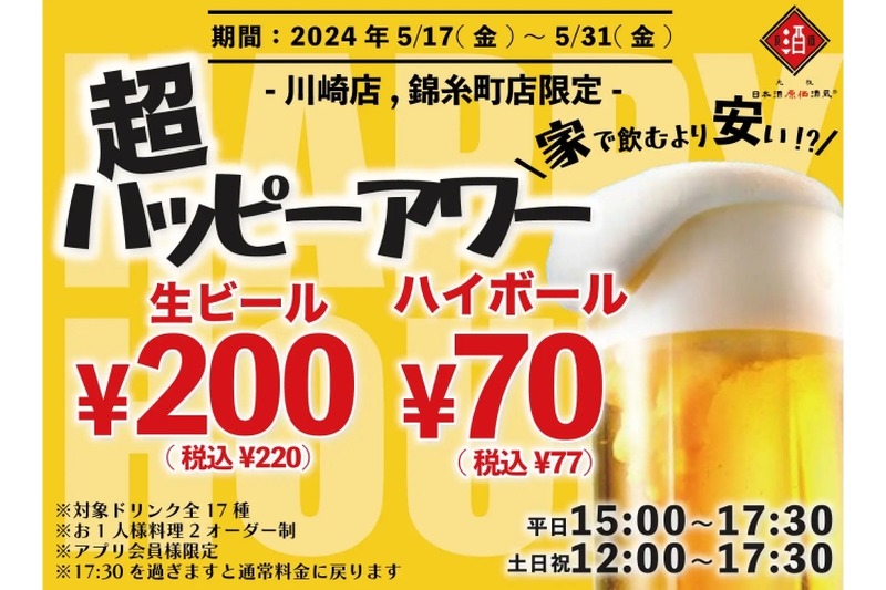 【激安】ビール200円にお茶割り30円だと！？「超ハッピーアワー」が気になる