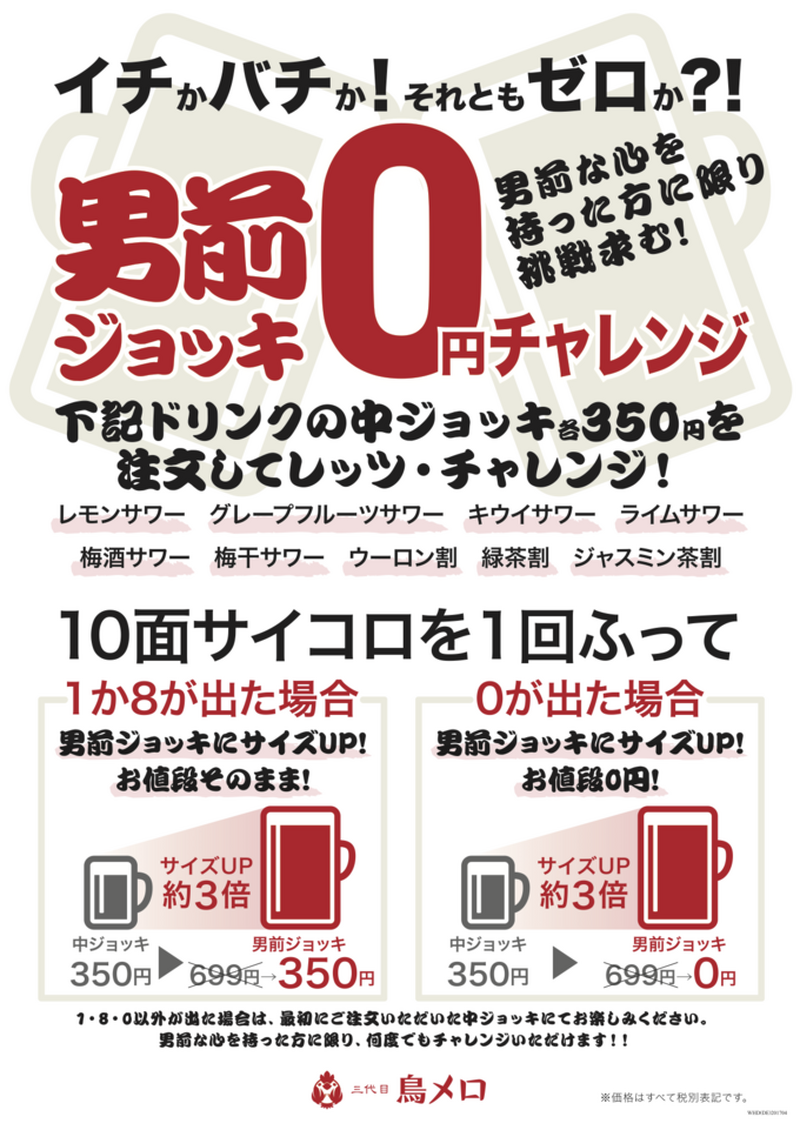 1Lのメガサイズジョッキが”無料”で？5月限定、焼鳥居酒屋『三代目 鳥メロ』で「男前ジョッキ0円チャレンジ」が開催