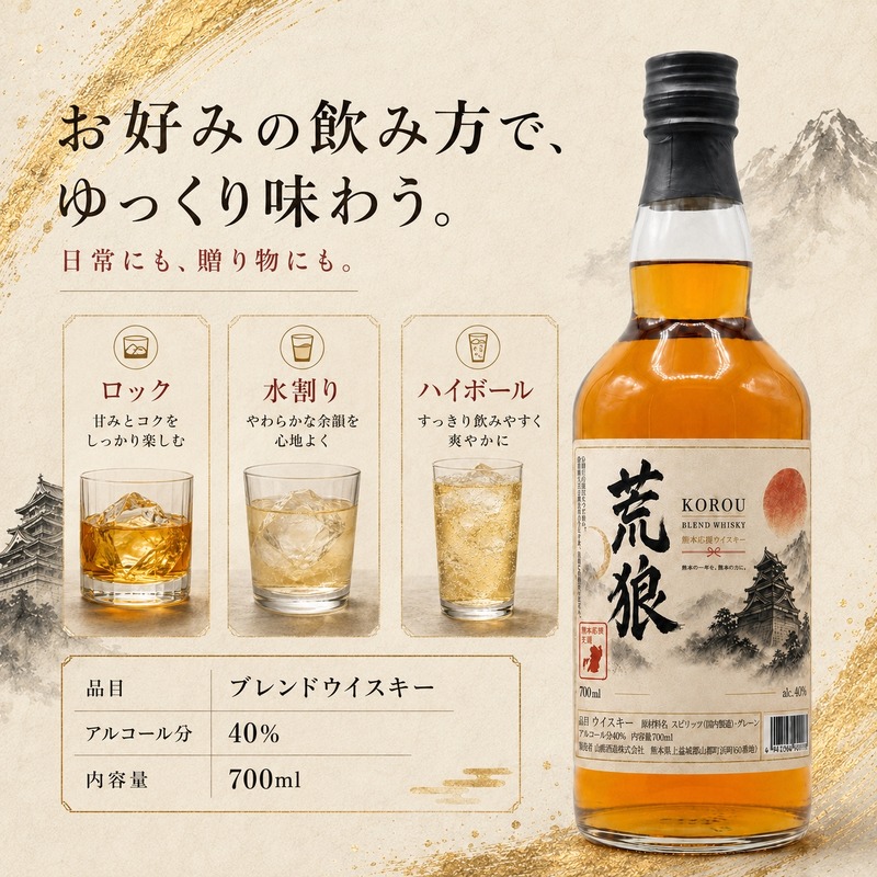 【令和8年熊本地震の復興支援】ウイスキー「荒狼 KOROU 復興限定ラベル」販売