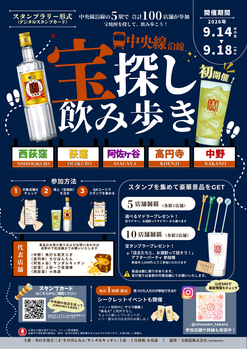 中央線5駅・100店舗を飲み歩き！「宝探し飲み歩き 2026」が9月14日～18日に開催