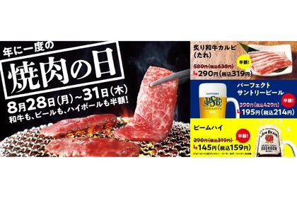 カルビ&ビール&ハイボールが半額！「焼肉の和民」が「焼肉の日」企画を実施 画像