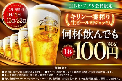 【激安】生ビールがたったの100円！？白木屋系列店の4週連続セールでブルーマンデーを吹き飛ばせ 画像