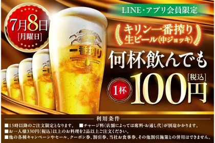 【7/8限定】何杯飲んでも100円！“人気居酒屋チェーン”で衝撃の限定企画開催 画像