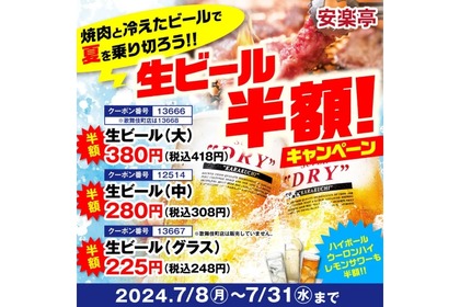 【“焼肉飲み”が激安になる！】生ビール・サワー・ハイボールが半額！！“人気焼肉店”でお得なキャンペーン開催 画像