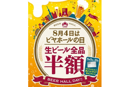 ビヤホールの創業祭！銀座ライオンで！YEBISU BARで！8月4日は 終日生ビール全品半額 画像