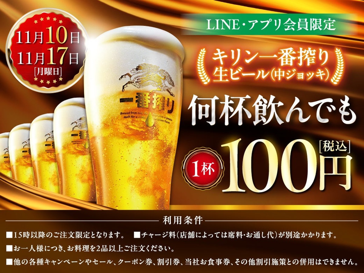 魚民や目利きの銀次などで生ビールが100円に！11/10と11/17にキャンペーン実施