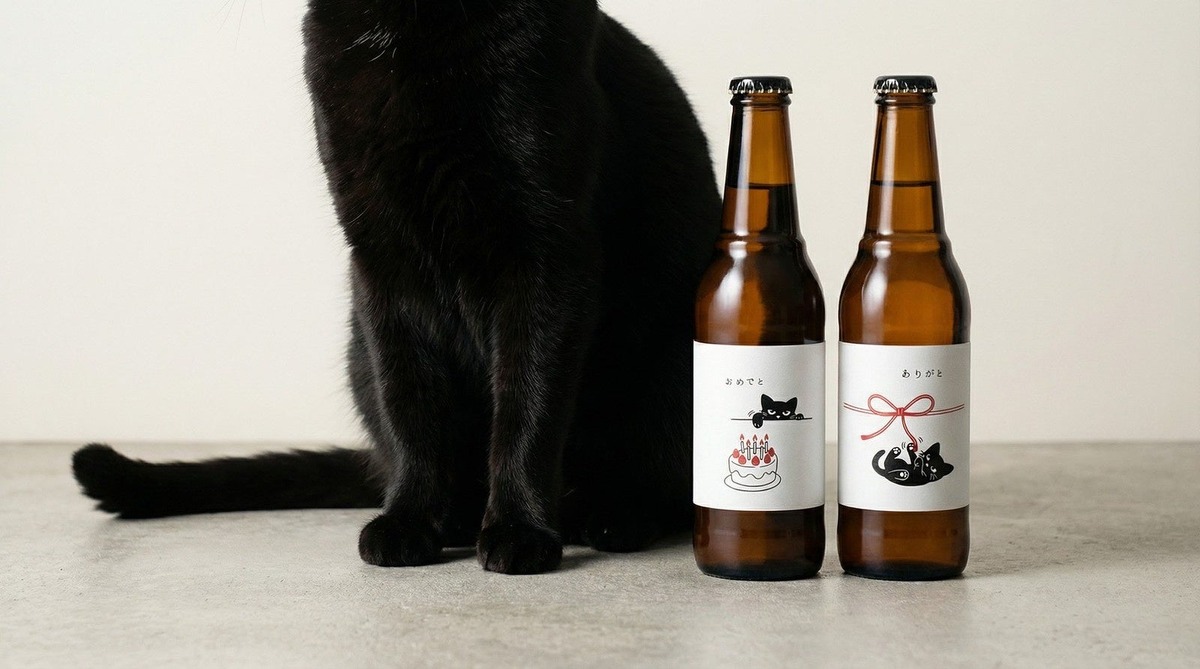 【黒猫のおきもちビール2種「おめでと」「ありがと」登場！】LINEギフト限定で販売