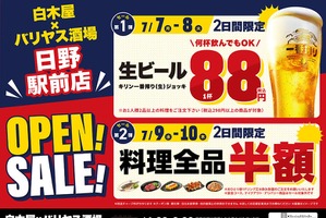 【激安！生ビール88円&料理全品半額】「白木屋×バリヤス酒場 日野駅前店」オープン 画像