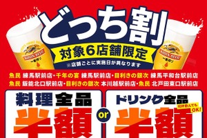 料理かドリンクどちらか全品半額に！「魚民」「目利きの銀次」など6店舗でセール開始 画像